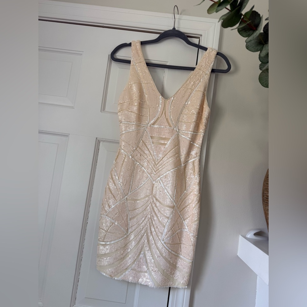 bebe Sleeveless Sequin Midi Dress in Champagne